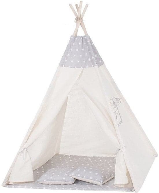 Stilfuldt beige og gråt stjernemønster tipi-telt til børn - 100% bomuld og fyrretræ
